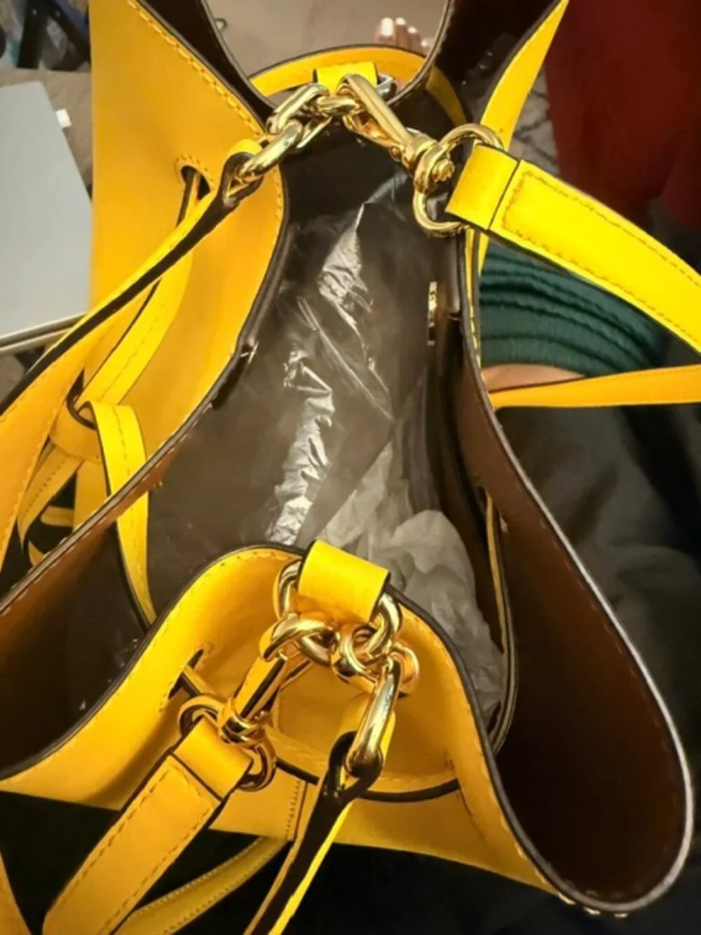RALPH LAUREN DRAWSTRING BUCKET LEATHER BAG, DEBBY, YELLOW, PREOWNED